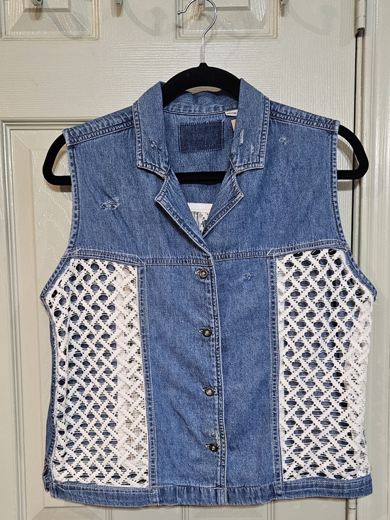 Source Unknown Jackets & Blazers - Blue Denim Shirt Vest with White Crochet Panels